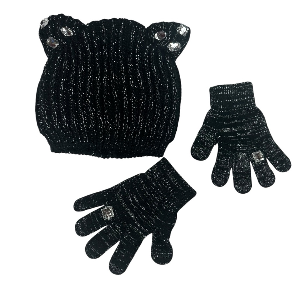 Toby Black Metallic Knit Beanie and Gloves Youth 4–14 Rhinestone Detail